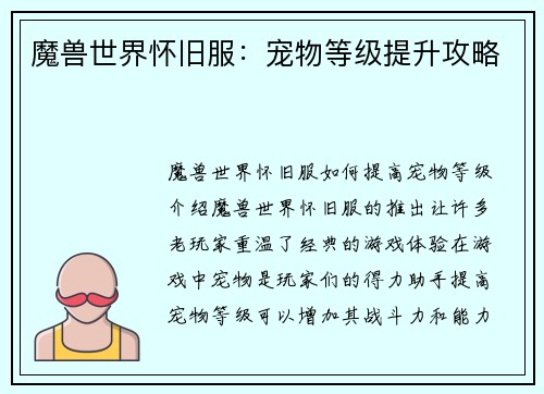 魔兽世界怀旧服：宠物等级提升攻略
